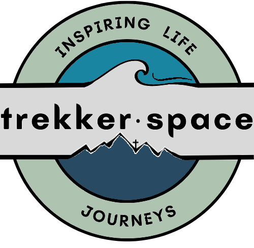 trekker.space logo created by Jason Payne The image is a crossway of paths with a montain on the horizon with a sun and two stars on a dark blue sky. The imagine inspires life journeys.